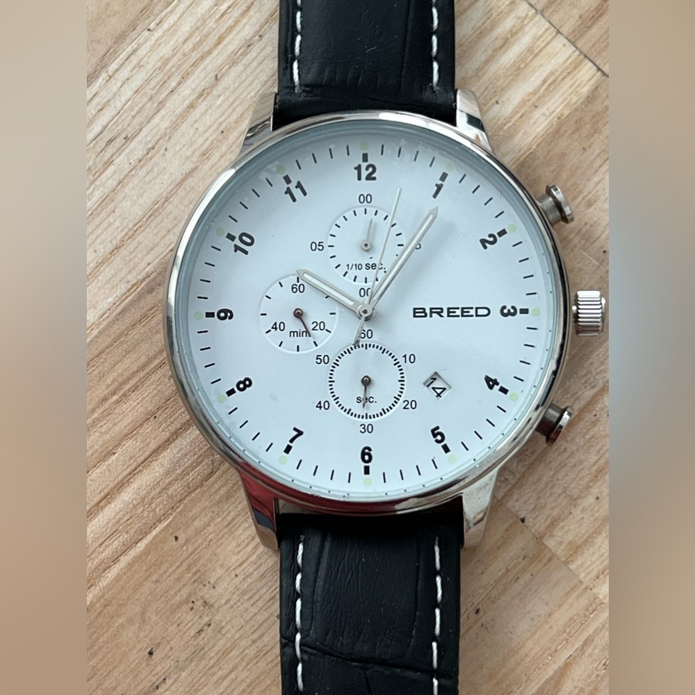 Breed Holden Men’s Chronograph Watch Black Leather Strap White Dial Date Window